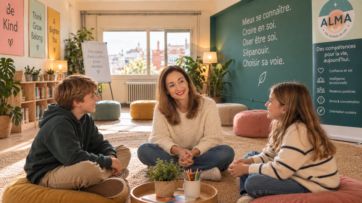 Hind Frata en atelier avec deux adolescents